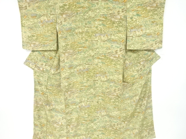 家屋に草花模様小紋着物